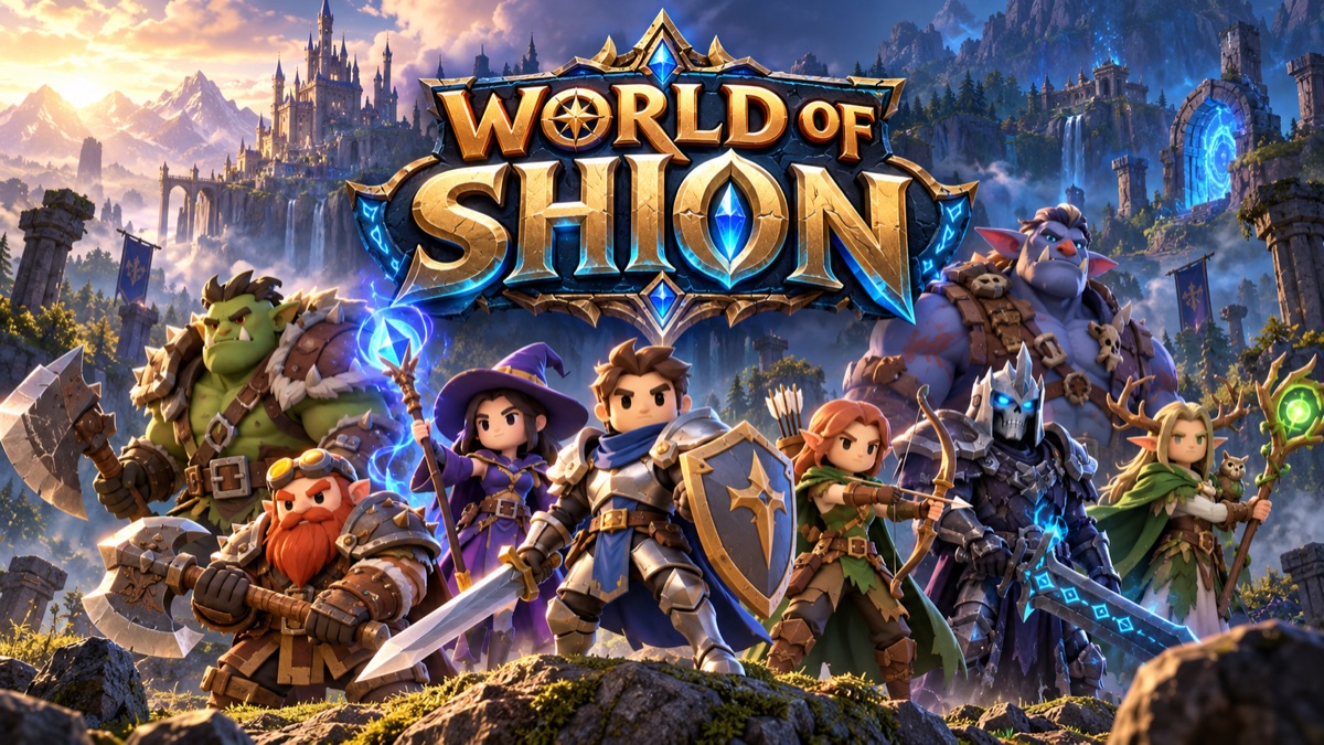 World of Shion: logotipo dorado con cristales azules sobre un paisaje de castillos y montañas, con un grupo de héroes (caballero, maga, arquera, enano, orco, druida y caballero oscuro).